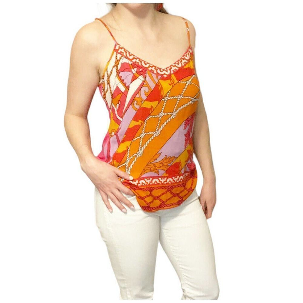 Hale Bob Women’s Silk Bright Pink Orange Print Top Tank Size Medium